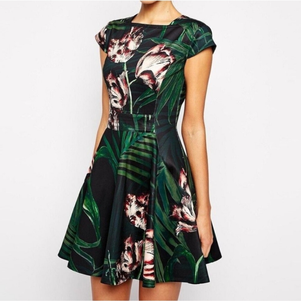 TED BAKER Florell Tropical Floral Palm Leaves Scuba Skater Dress Size 10 - Picture 13 of 13